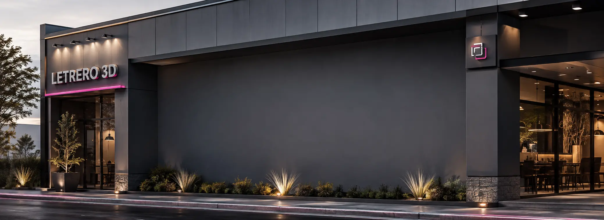Letrero 3D para fachada moderna con iluminación exterior y entrada comercial profesional