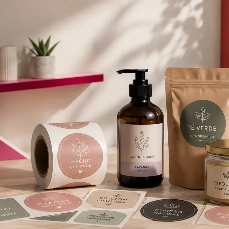 Etiquetas para productos en envases, frascos, empaques y rollos adhesivos personalizados