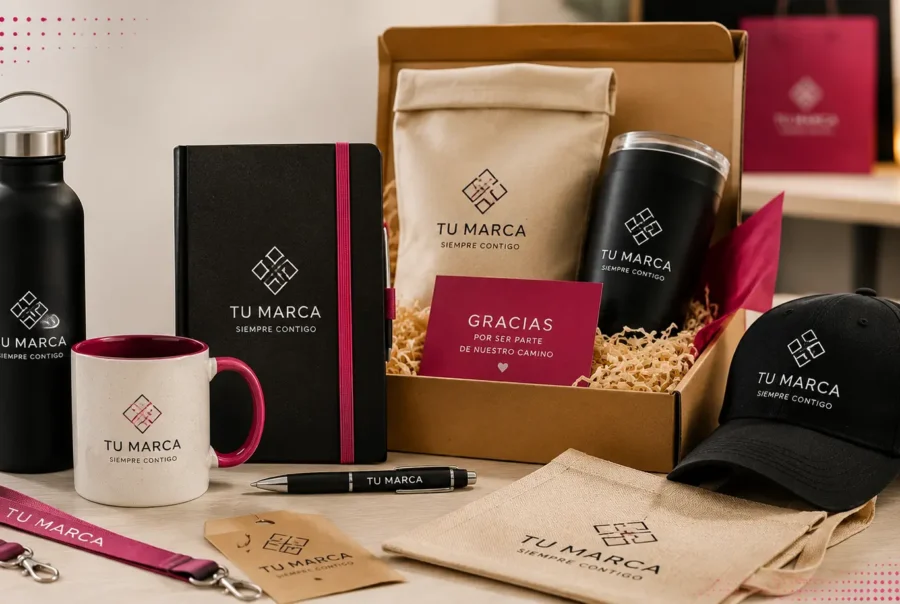 Regalos corporativos personalizados con taza, termo, libreta, gorra, bolsa y gift box para empresas
