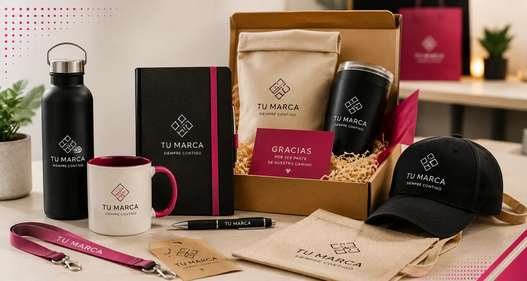 Regalos corporativos personalizados con taza, termo, libreta, gorra, bolsa y gift box para empresas
