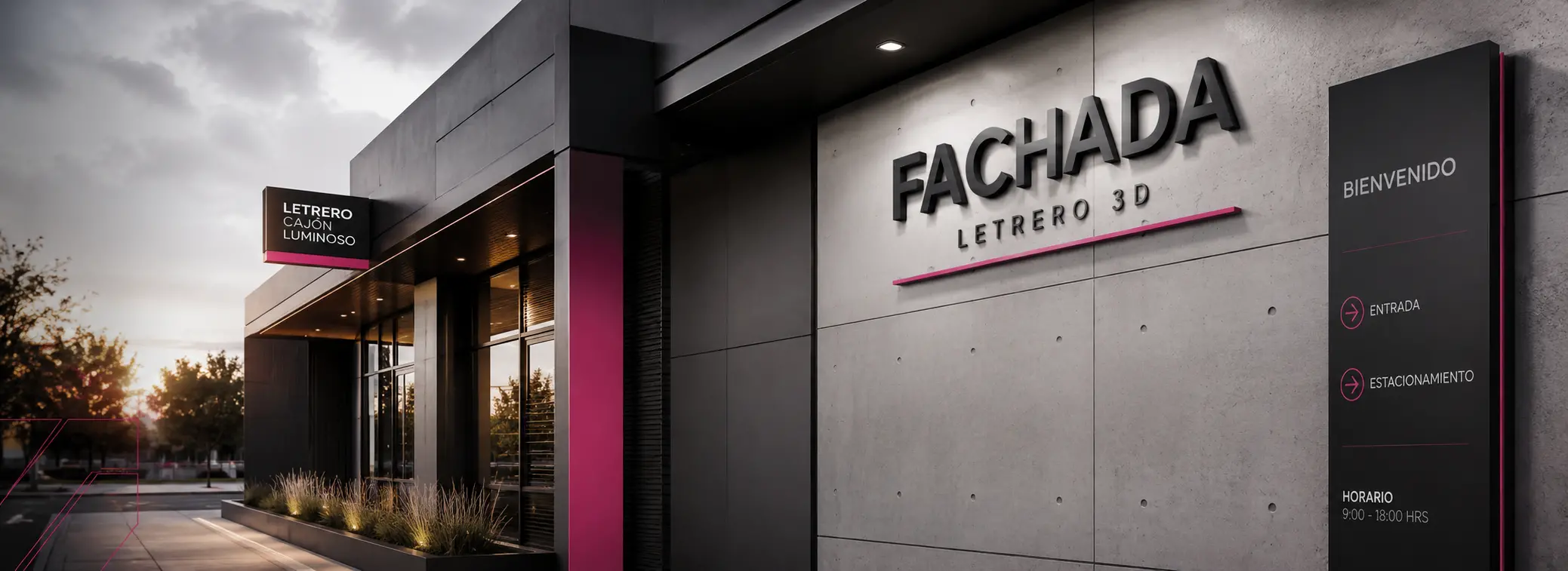 Letreros para negocios en fachada moderna con letras 3D, señalización