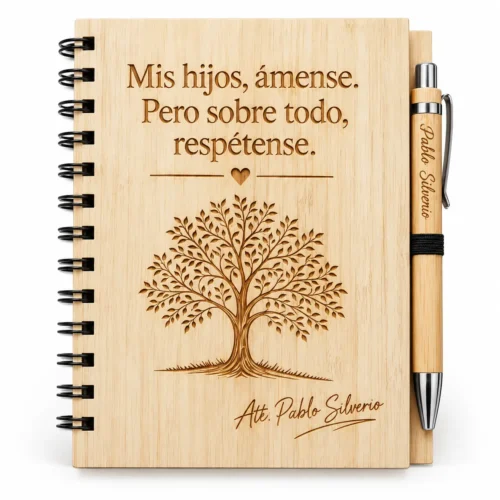 Libreta de madera personalizada con lapicero y grabado láser de frase y árbol.