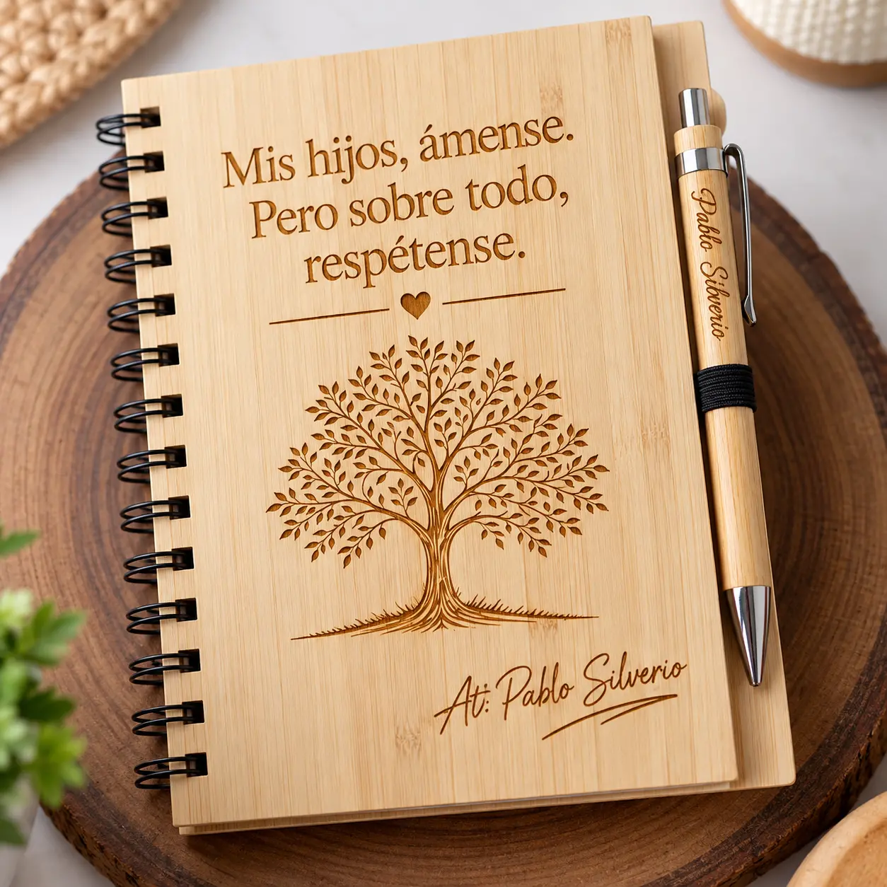 Libreta de madera personalizada con lapicero y grabado láser de frase y árbol.