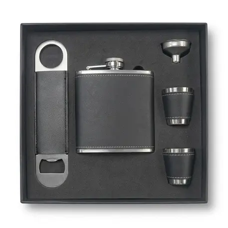 set de petaca personalizado con vasos destapador y embudo grabado láser