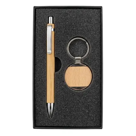 set llavero redondo y lapicero de madera personalizado grabado láser