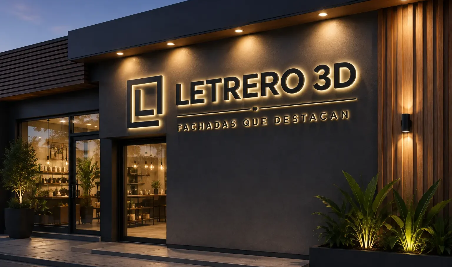 Letreros modernos para negocios con letras 3D en fachada comercial