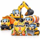 Combo de figuras de construcción para cumpleaños con excavadora, camión de volteo, mezcladora, bulldozer y señal personalizada.