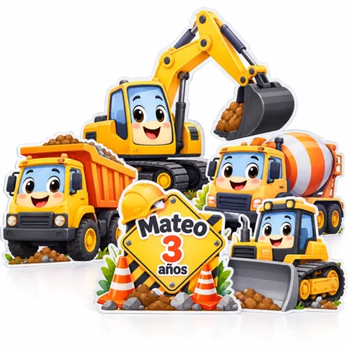 Combo de figuras de construcción para cumpleaños con excavadora, camión de volteo, mezcladora, bulldozer y señal personalizada.