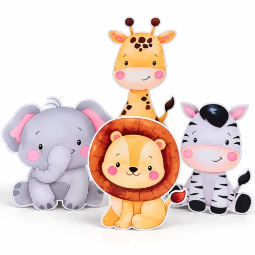 Figuras en coroplast personalizadas de animales safari para cumpleaños infantil.