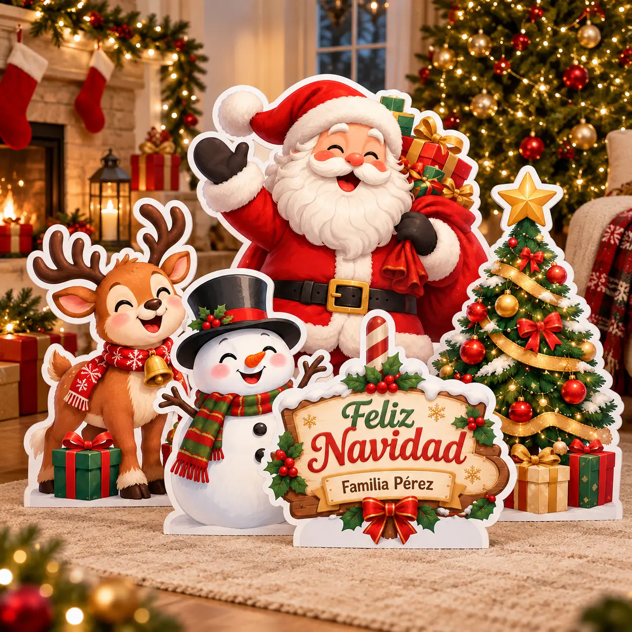 Figuras navideñas personalizadas decorando un hogar con Santa, árbol, reno y muñeco de nieve.