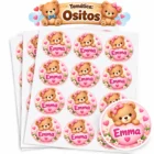 Stickers personalizados de ositos en tonos rosados con flores, corazones y nombre Emma.