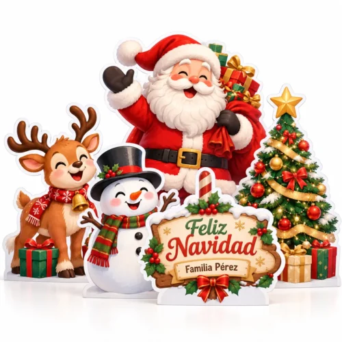 Combo de figuras navideñas personalizadas con Santa Claus, árbol, reno, muñeco de nieve y letrero.