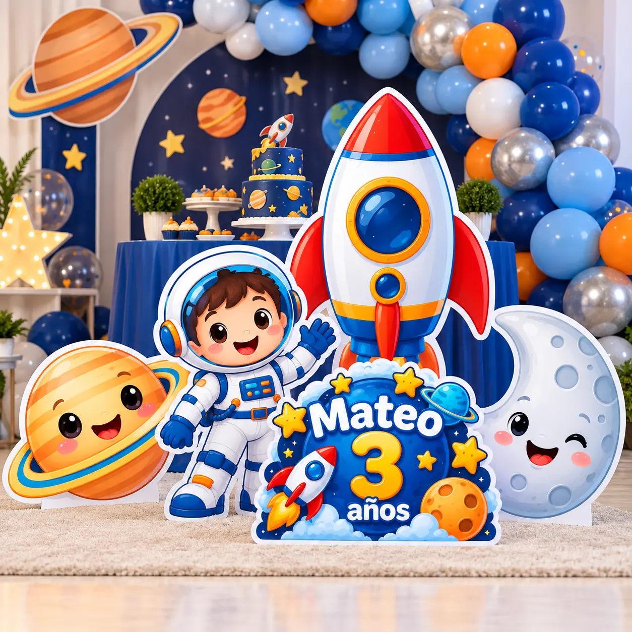 Combo de figuras espaciales personalizadas decorando cumpleaños infantil con astronauta, cohete y planetas.