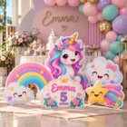 Decoración de cumpleaños de unicornio con cinco figuras personalizadas en coroplast y globos pastel.