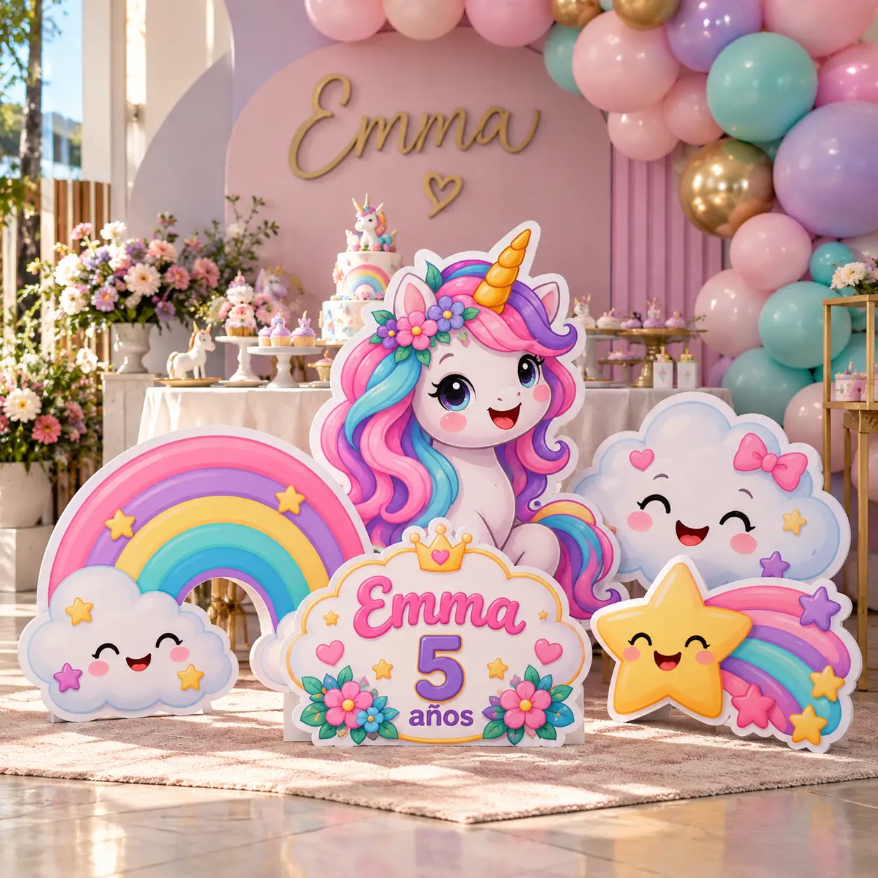 Decoración de cumpleaños de unicornio con cinco figuras personalizadas en coroplast y globos pastel.