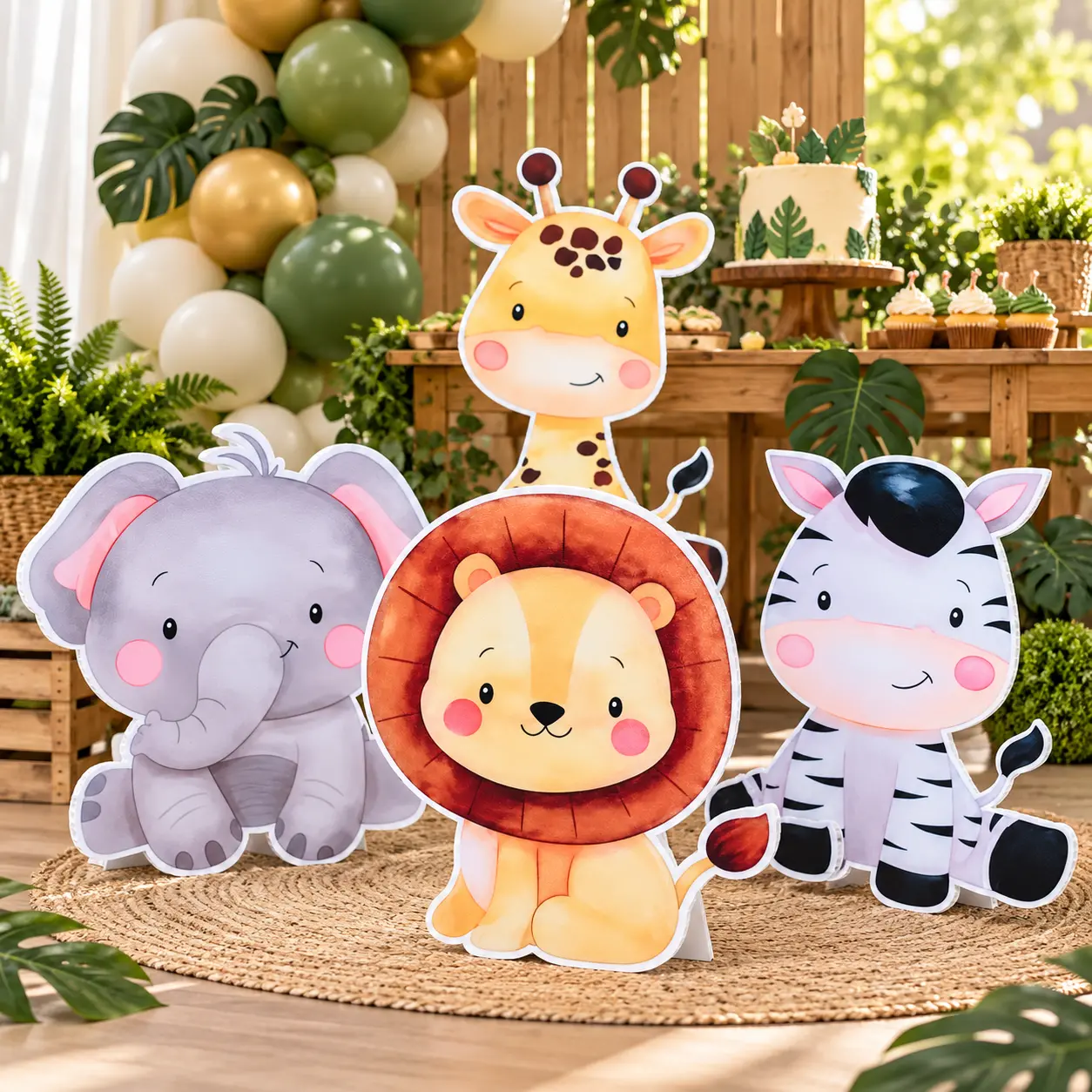 Figuras en coroplast personalizadas de animales safari para cumpleaños infantil.
