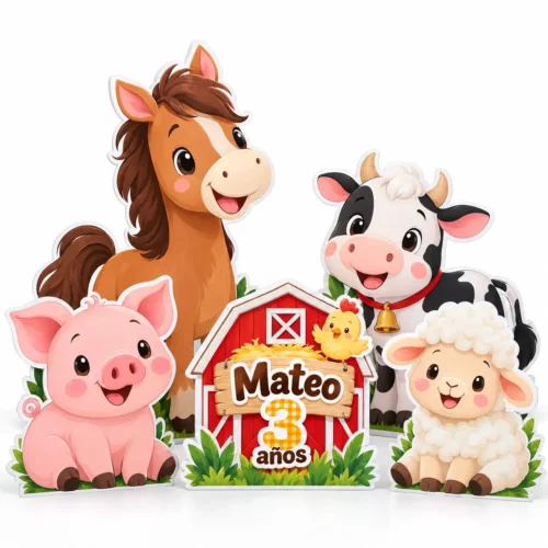 Combo de animales de granja para cumpleaños con caballito, vaquita, cerdito, ovejita y granero personalizado en coroplast.