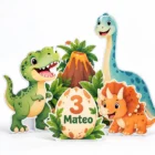 Combo de cinco figuras de dinosaurios en coroplast para cumpleaños con nombre personalizado.