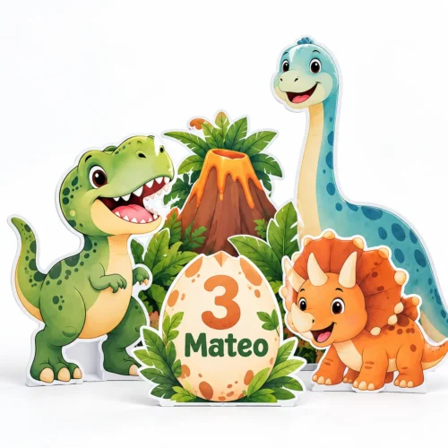 Combo de cinco figuras de dinosaurios en coroplast para cumpleaños con nombre personalizado.