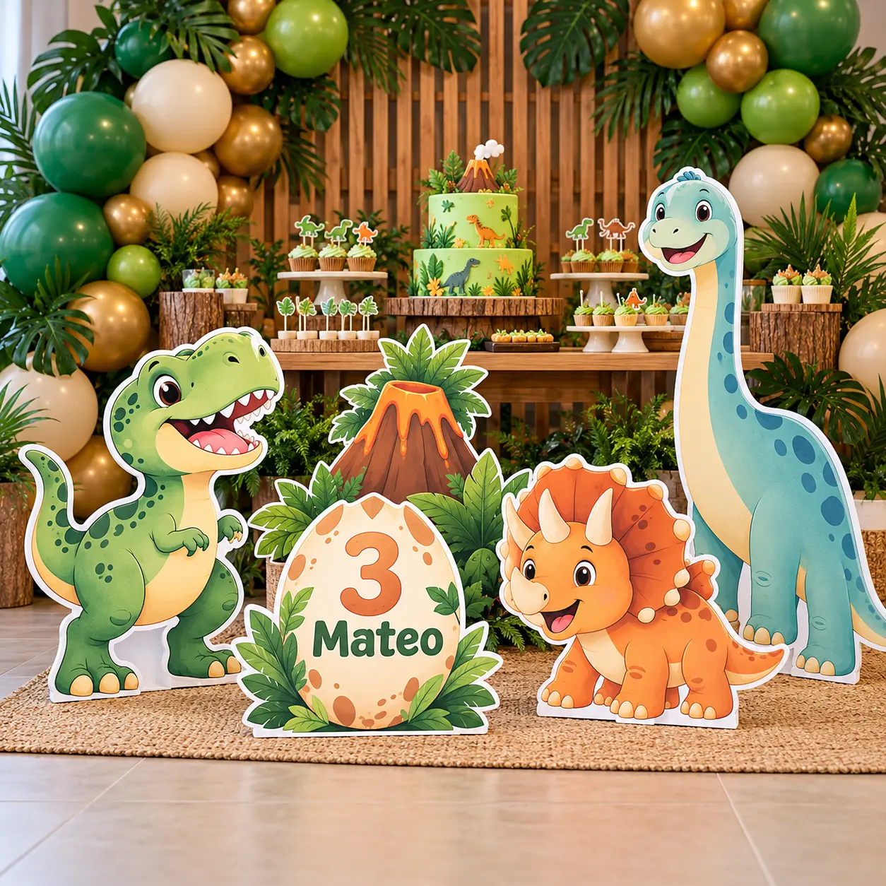 Combo de figuras de dinosaurios en coroplast decorando cumpleaños infantil.