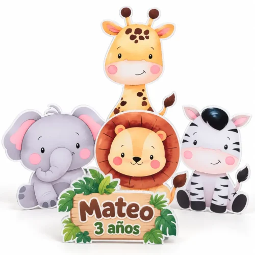 Combo safari para cumpleaños con cinco figuras personalizadas en coroplast.