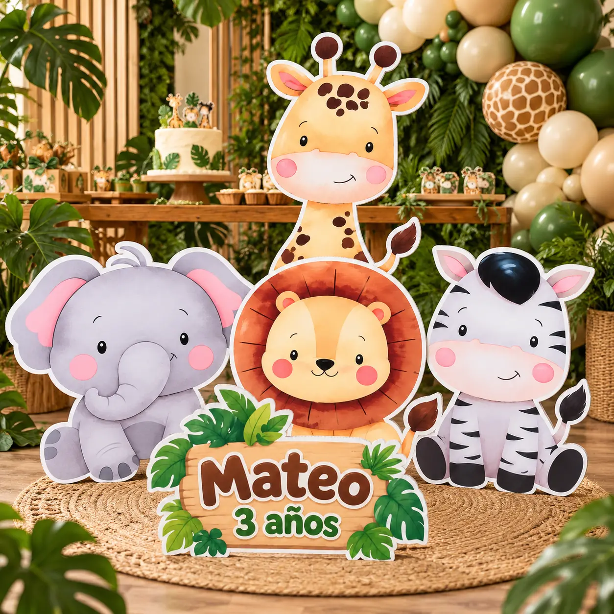 Figuras safari para cumpleaños decorando fiesta infantil con animales y letrero personalizado.