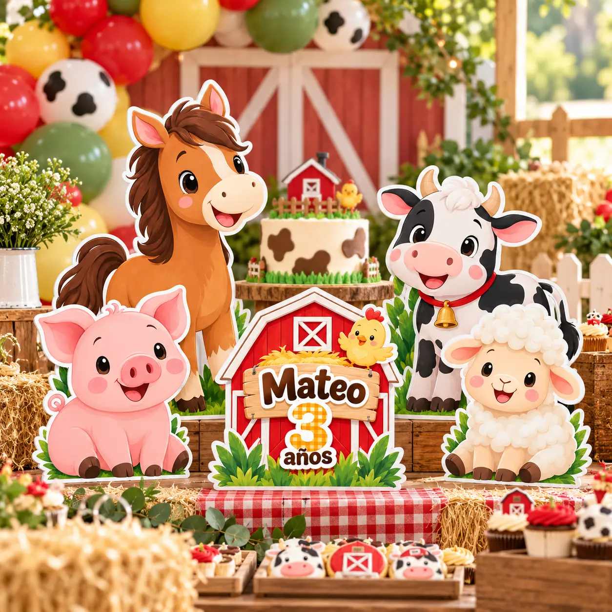 Decoración de cumpleaños temática de granja con figuras de animales en coroplast y granero personalizado.