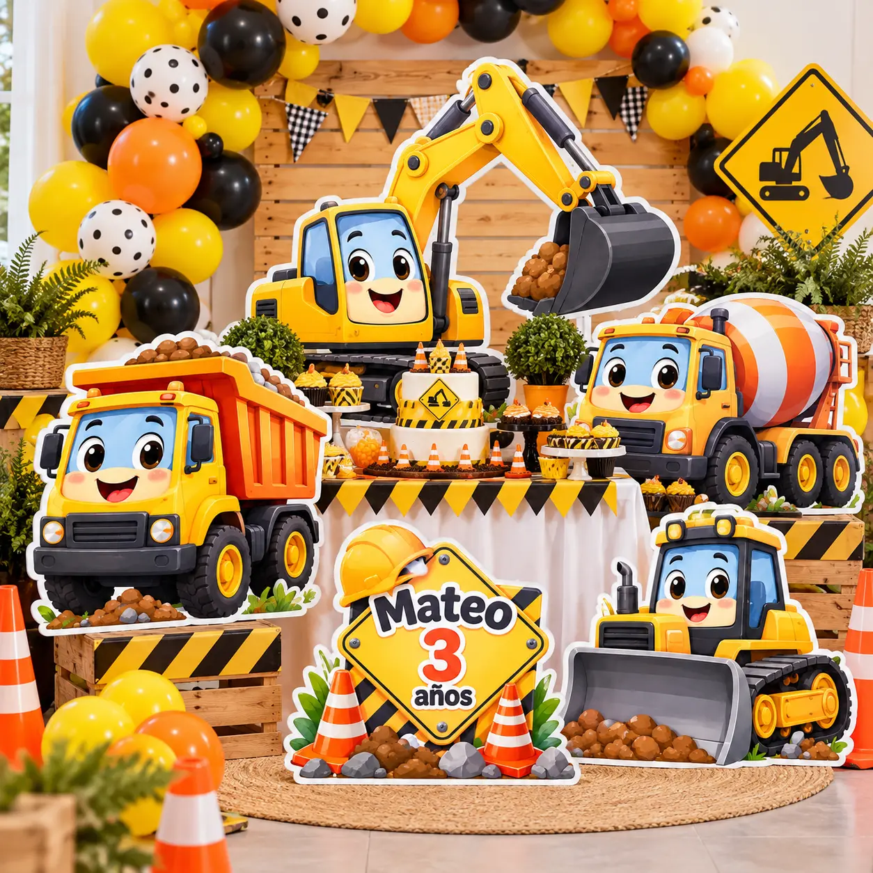 Combo de figuras de construcción decorando cumpleaños infantil con camiones, excavadora y señal personalizada.
