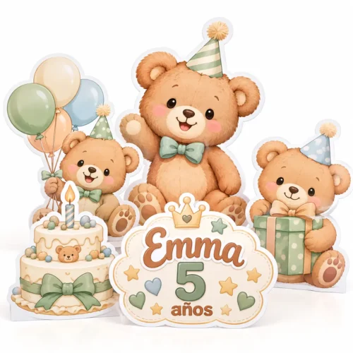 Combo de ositos para cumpleaños con tres ositos, pastel decorativo y letrero personalizado en coroplast.