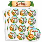 Stickers personalizados de temática safari con león, jirafa, elefante y cebra para cumpleaños de Matías.