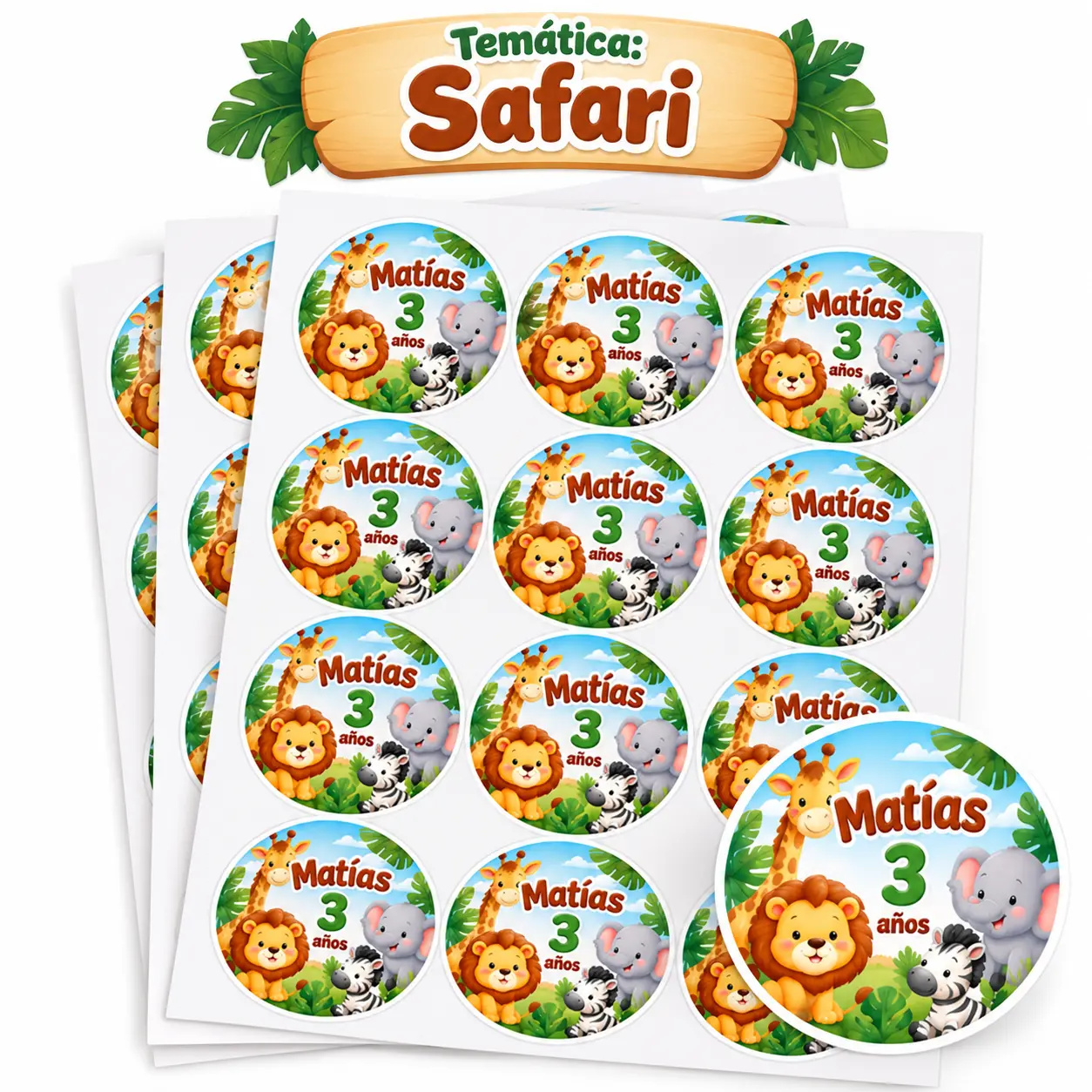 Stickers personalizados de temática safari con león, jirafa, elefante y cebra para cumpleaños de Matías.