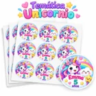 Stickers personalizados de unicornio con arcoíris, nubes y estrellas para cumpleaños de Emma de 5 años.