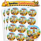 Stickers de construcción personalizados con excavadora, camión y maquinaria para cumpleaños de Matías.