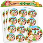 Stickers personalizados de granjita con caballo, vaca, oveja y cerdito para cumpleaños infantiles.