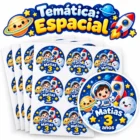Stickers espaciales personalizados con astronauta, cohete, planetas y luna para cumpleaños infantiles.