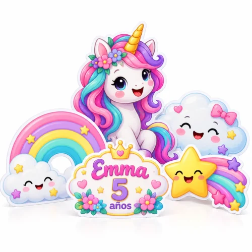Combo unicornio para cumpleaños con figuras de unicornio, arcoíris, nube, estrella fugaz y letrero personalizado.