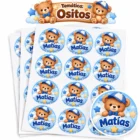 Stickers personalizados de ositos en tonos azules con estrellas, nubes y nombre Matías.