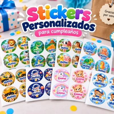 Stickers personalizados para cumpleaños con nombre y edad, disponibles en temáticas de safari, dinosaurios, granja, mar, construcción, espacio, unicornio y ositos.