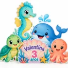 Combo Bajo el Mar para cumpleaños con ballena, tortuga, pulpo, caballito de mar y concha personalizada.